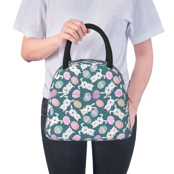 Ratiio Cute Rabbit Easter Print Insulated Lunch Bag Women Reusable Lunch Box with Pocket for Work Picnic Travel