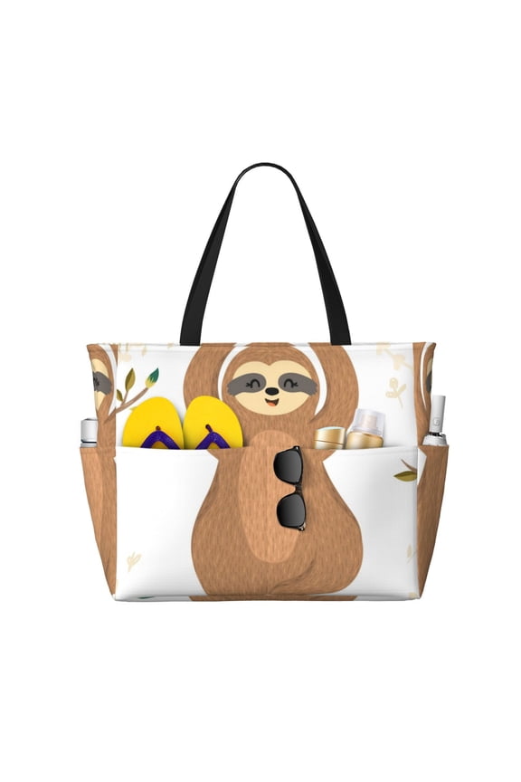 Cute Sloth In Yoga Pose Tree Print Large Capacity Beach Travel Bag, Polyester Waterproof Tote Bag with Zipper for Vacation and Daily Use
