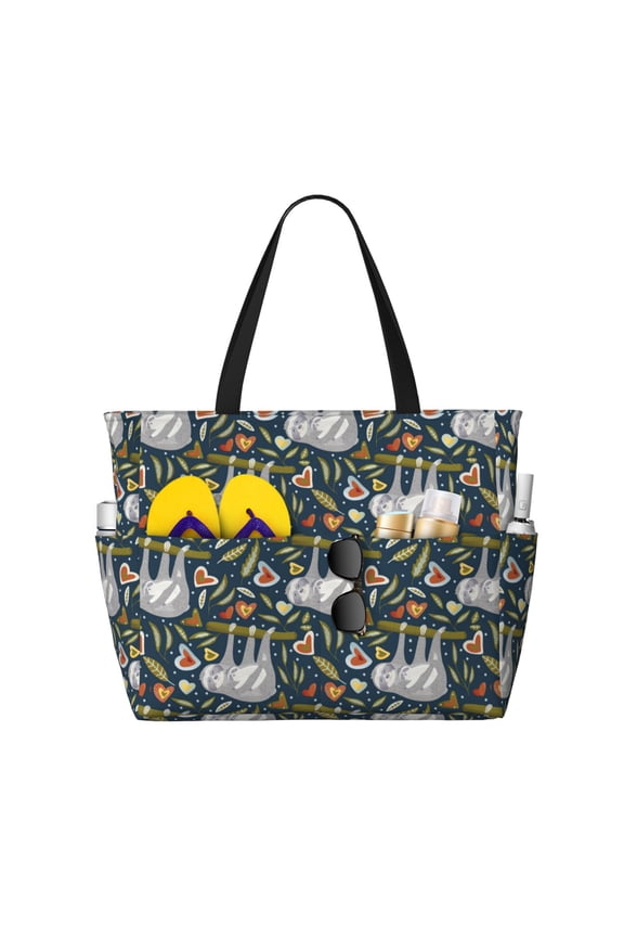 Cute Sloth Print Large Capacity Beach Travel Bag, Polyester Waterproof Tote Bag with Zipper for Vacation and Daily Use