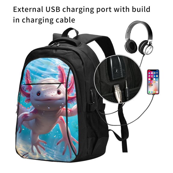 Ratiio Cute Underwater Axolotl Print Travel Laptop Backpack,Slim Sturdy Laptops Backpack with USB Charging Port, Water Resistant College School Computer Bag