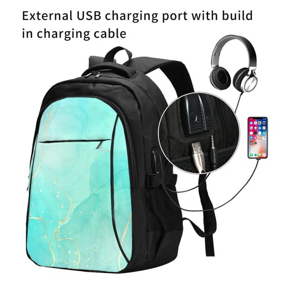 Ratiio Cyan Mint Marble Print Travel Laptop Backpack,Slim Sturdy Laptops Backpack with USB Charging Port, Water Resistant College School Computer Bag