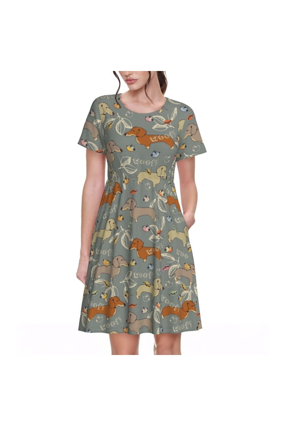 Dachshund Dog Bird Print Women's Short Sleeve Dress - Casual A-Line Dress with Side Pockets, Elastic Waist, Comfortable and Breathable Summer Dress