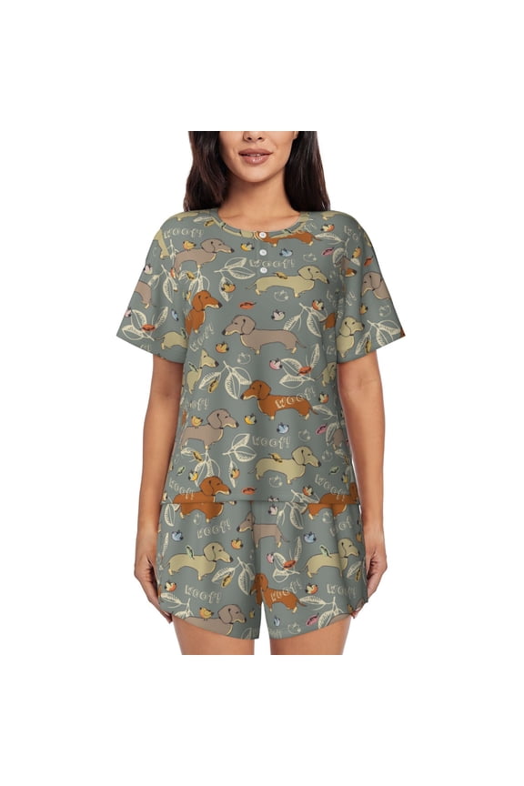 Dachshund Dog Bird Print Womens Pajama Sets 2 Piece Soft Short Sleeve Top and Shorts Sleepwear Round Neck Pjs Lounge Set
