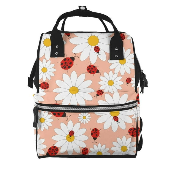 Ratiio Daisy and Ladybug Mummy Backpack - Waterproof Twill Canvas, Large Capacity Diaper Bag with Multiple Pockets and Adjustable Straps