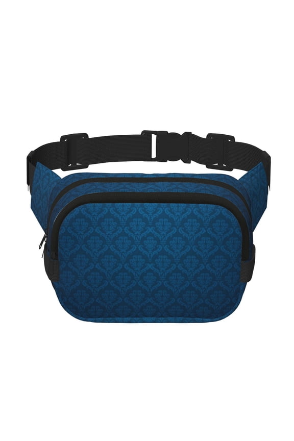 Dark Blue Pattern Square Double Layer Waist Bag, Durable Twill Fabric Waist Pack with Adjustable Belt,Outdoor Hiking, Running, Travel Waist Bag