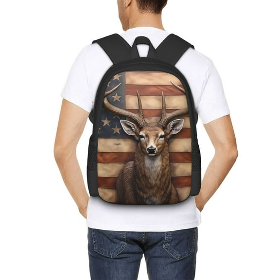 Ratiio Deer American Flag Wall Backpack for Men and Women - Durable 600D Oxford Cloth -Large Capacity, Water-Resistant School, Travel, and Hiking Bag
