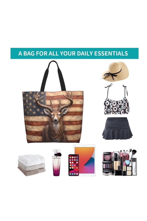 Deer American Flag Wall Print Reusable Grocery Bags - Washable, Foldable, Packable Tote, Large Handles, Heavy Duty, Zippered Top Pouch
