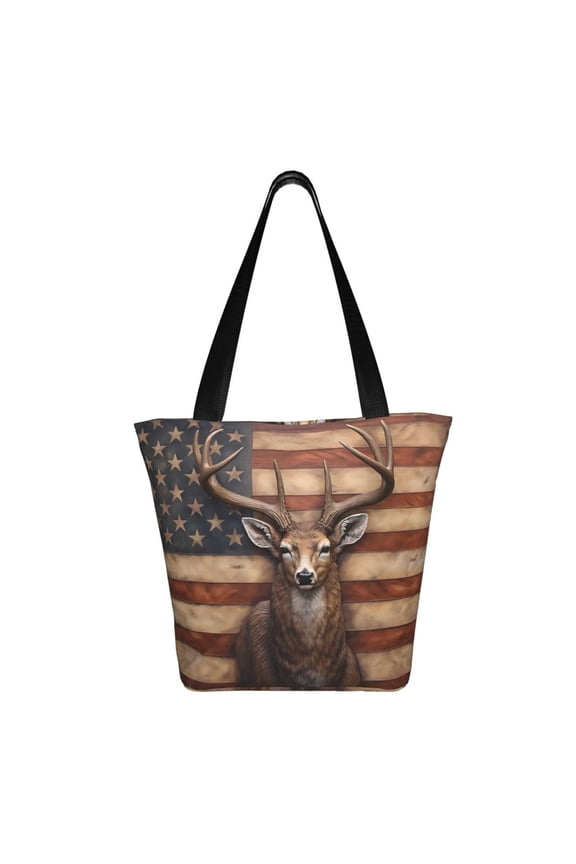 Deer American Flag Wall Print Shoulder Bag for Women, Polyester Crossbody Purse Lightweight Handbag for Daily Travel and Casual Use