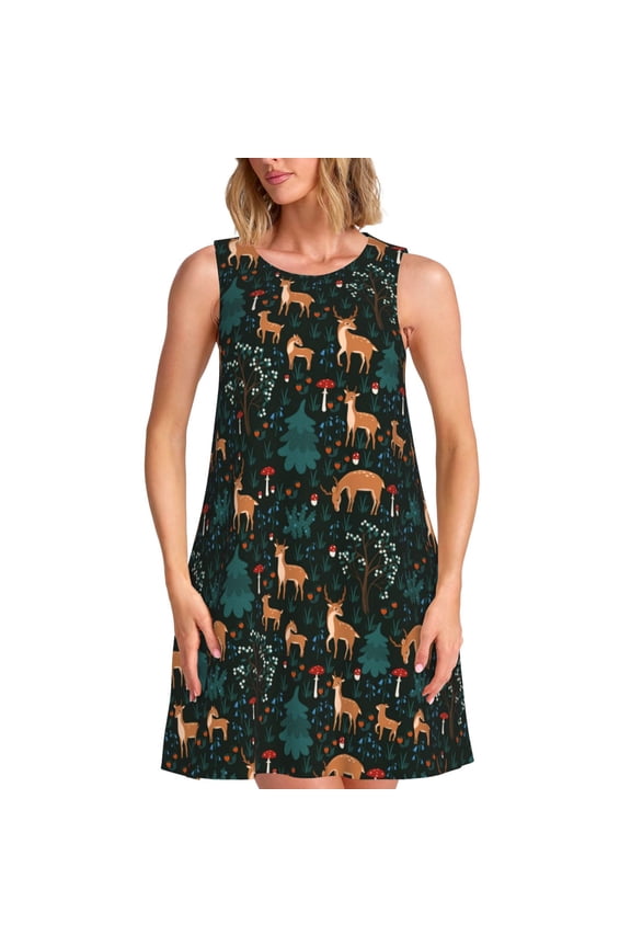 Deers In The Forest Pattern Women's Sleeveless Dress - Casual Summer Dress with Pockets, Above Knee Length, Round Neck, Ideal for Beach, Vacation, Work