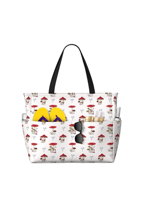 Different Mushrooms Print Large Capacity Beach Travel Bag, Polyester Waterproof Tote Bag with Zipper for Vacation and Daily Use
