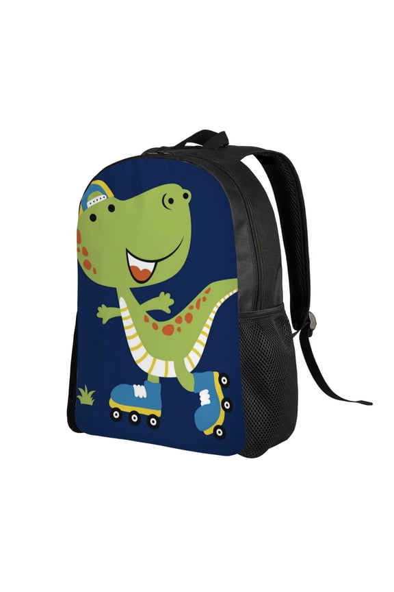 Dino Playing Roller Skate Print Backpack with Padded 15-inch Laptop Sleeve- Spacious and Durable Daypack for Work and Travel