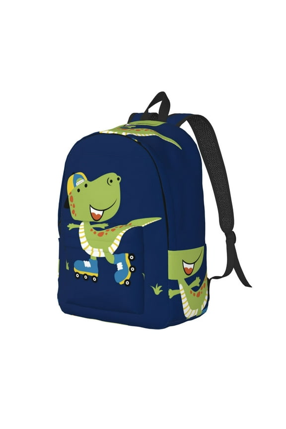 Dino Playing Roller Skate Print Canvas Backpack for Women & Men Retro Aesthetic Rucksack Basic Backpack for High School/College Students Travel Laptop Bag