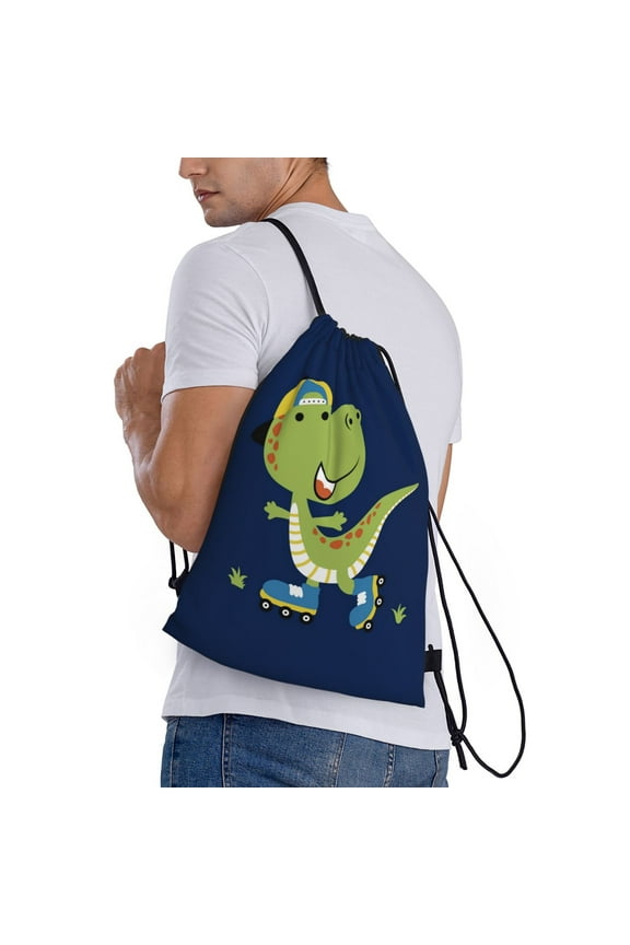 Dino Playing Roller Skate Print Drawstring Backpack Bag Sport Gym Sackpack Heavy Duty String Backpack for Men Women