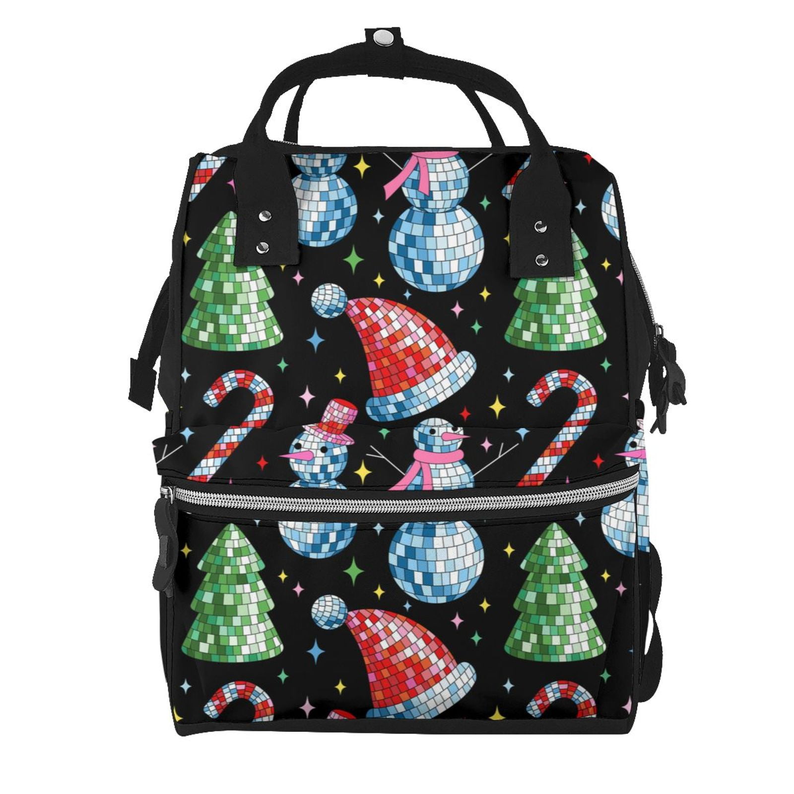 Ratiio Disco Mirror Ball Snowman Mummy Backpack - Waterproof Twill Canvas, Large Capacity Diaper Bag with Multiple Pockets and Adjustable Straps