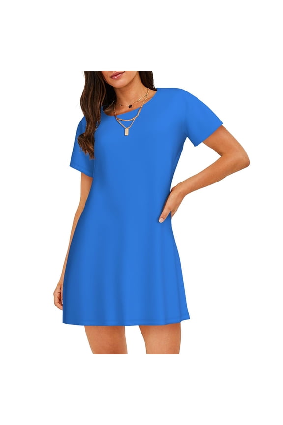Dodgerblue Print Women's Short-sleeved Nightdress - Casual A-line Sleeveless Sleepwear Dress for Summer, Comfortable and Breathable