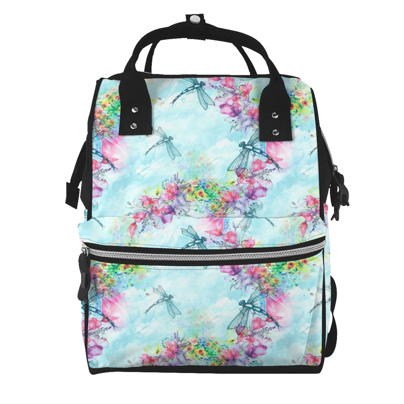 Ratiio Dragonfly Floral Mummy Backpack - Waterproof Twill Canvas, Large Capacity Diaper Bag with Multiple Pockets and Adjustable Straps