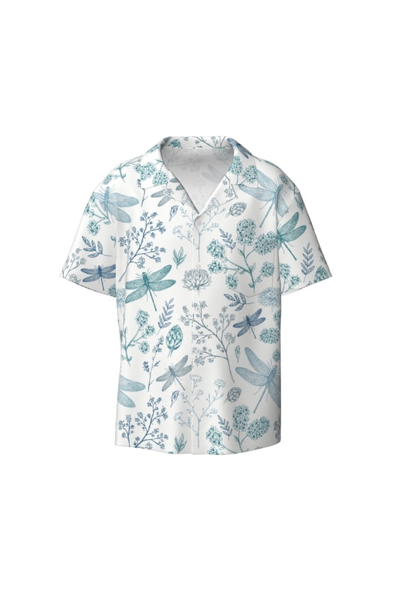 Dragonfly Print Mens Casual Short Sleeve Shirts Button Down Textured Shirts Summer Beach Shirt with Pocket Men's Casual Short-sleeved Shirt
