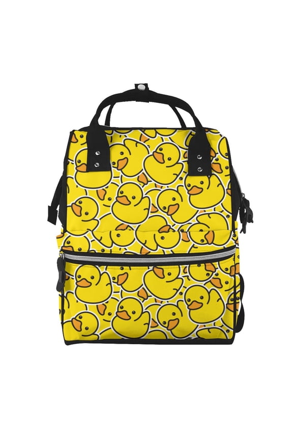 Ducky Cartoon Animal Yellow Mummy Backpack - Waterproof Twill Canvas, Large Capacity Diaper Bag with Multiple Pockets and Adjustable Straps