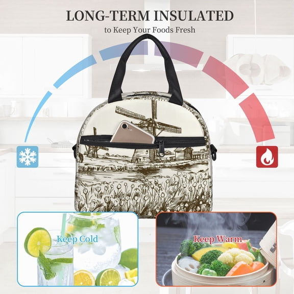 Ratiio Dutch Windmill Pattern Lunch Bag ,Insulated Lunch Box, Small Leakproof Cooler Food Lunch Containers Reusable High Capacity Lunch Tote Bags