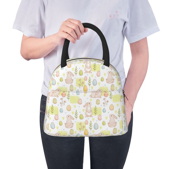 Ratiio Easter Rabbit Print Insulated Lunch Bag Women Reusable Lunch Box with Pocket for Work Picnic Travel