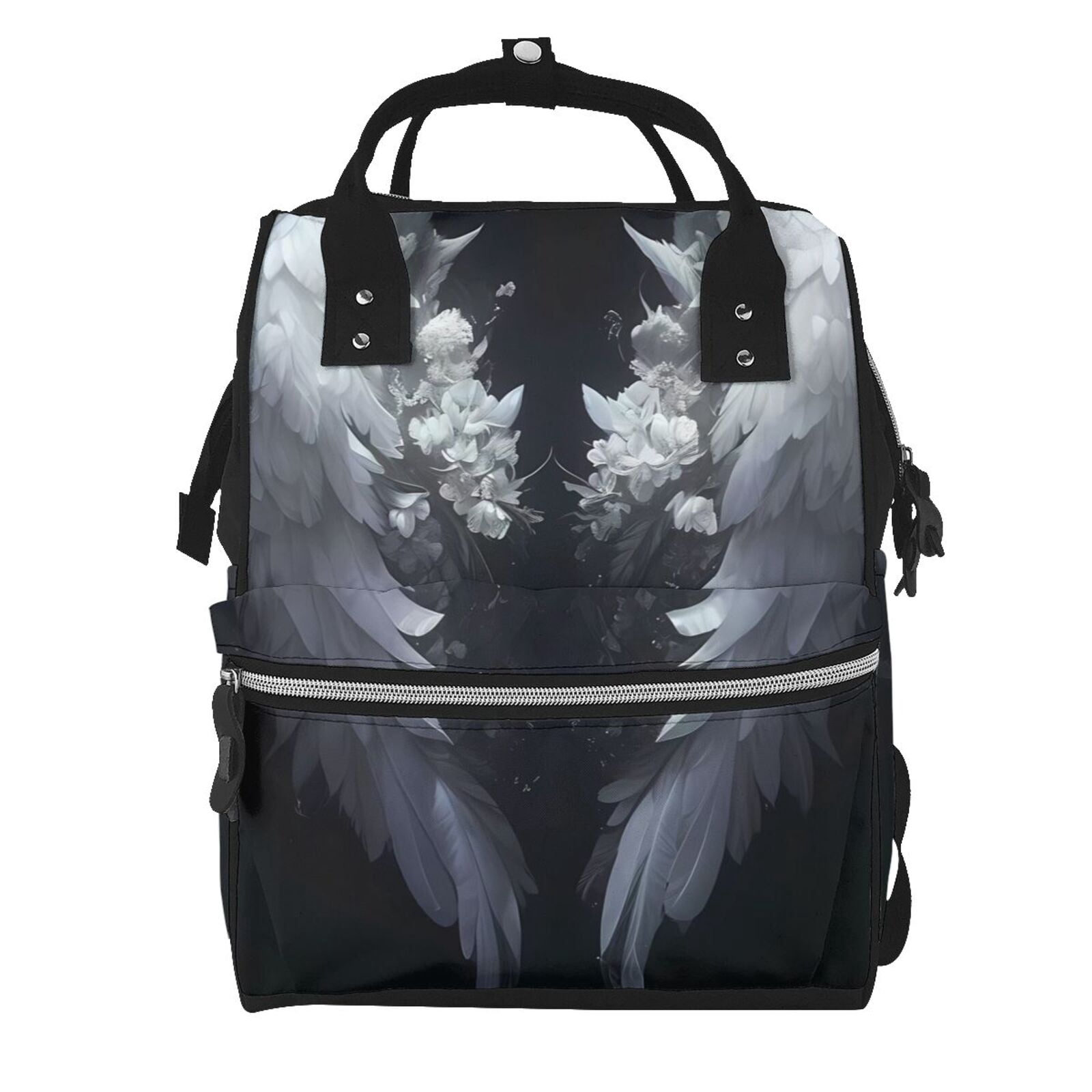 Ratiio Elegant Feathered Floral Wings Mummy Backpack - Waterproof Twill Canvas, Large Capacity Diaper Bag with Multiple Pockets and Adjustable Straps