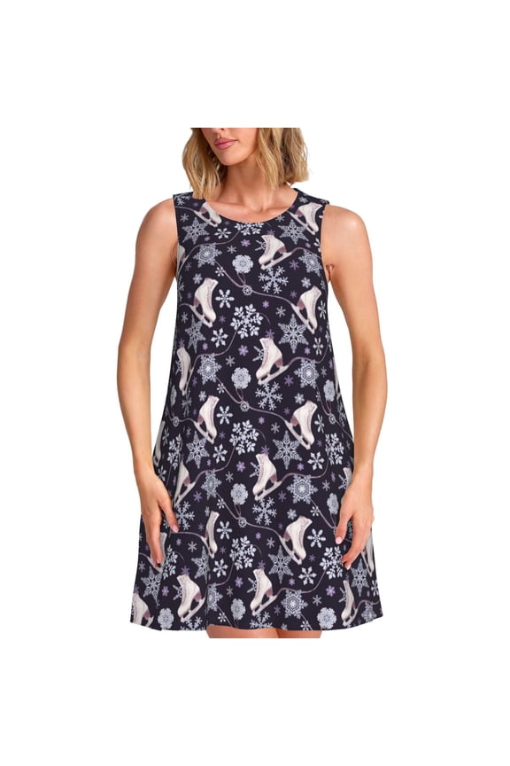 Elegant ice skates snowflakes A Pattern Women's Sleeveless Dress - Casual Summer Dress with Pockets, Above Knee Length, Round Neck, Ideal for Beach, Vacation, Work