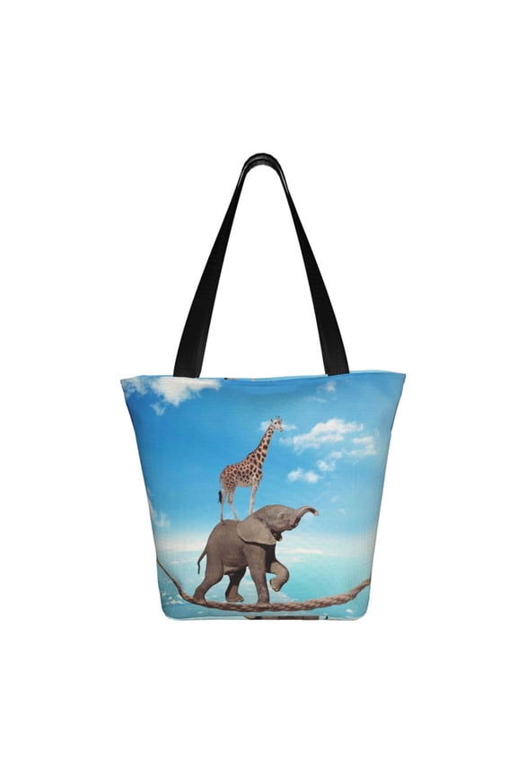 Elephant Giraffe Print Shoulder Bag for Women, Polyester Crossbody Purse Lightweight Handbag for Daily Travel and Casual Use