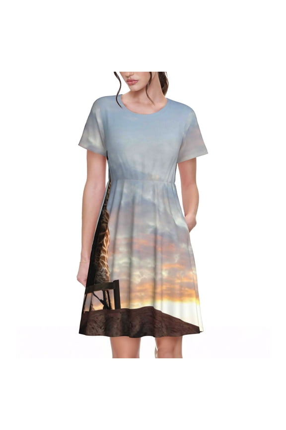 Elephant Giraffe Print Women's Short Sleeve Dress - Casual A-Line Dress with Side Pockets, Elastic Waist, Comfortable and Breathable Summer Dress