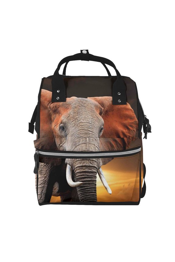 Elephant Sunset in Kenya Mummy Backpack - Waterproof Twill Canvas, Large Capacity Diaper Bag with Multiple Pockets and Adjustable Straps