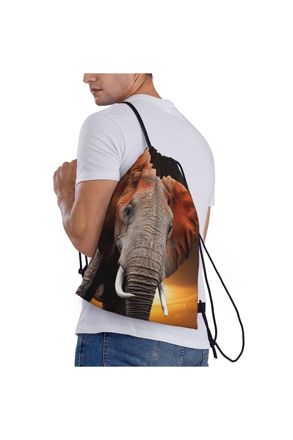 Elephant Sunset in Kenya Print Drawstring Backpack Bag Sport Gym Sackpack Heavy Duty String Backpack for Men Women
