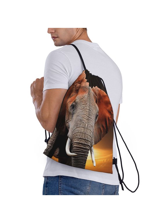 Elephant Sunset in Kenya Print Drawstring Backpack Bag Sport Gym Sackpack Heavy Duty String Backpack for Men Women