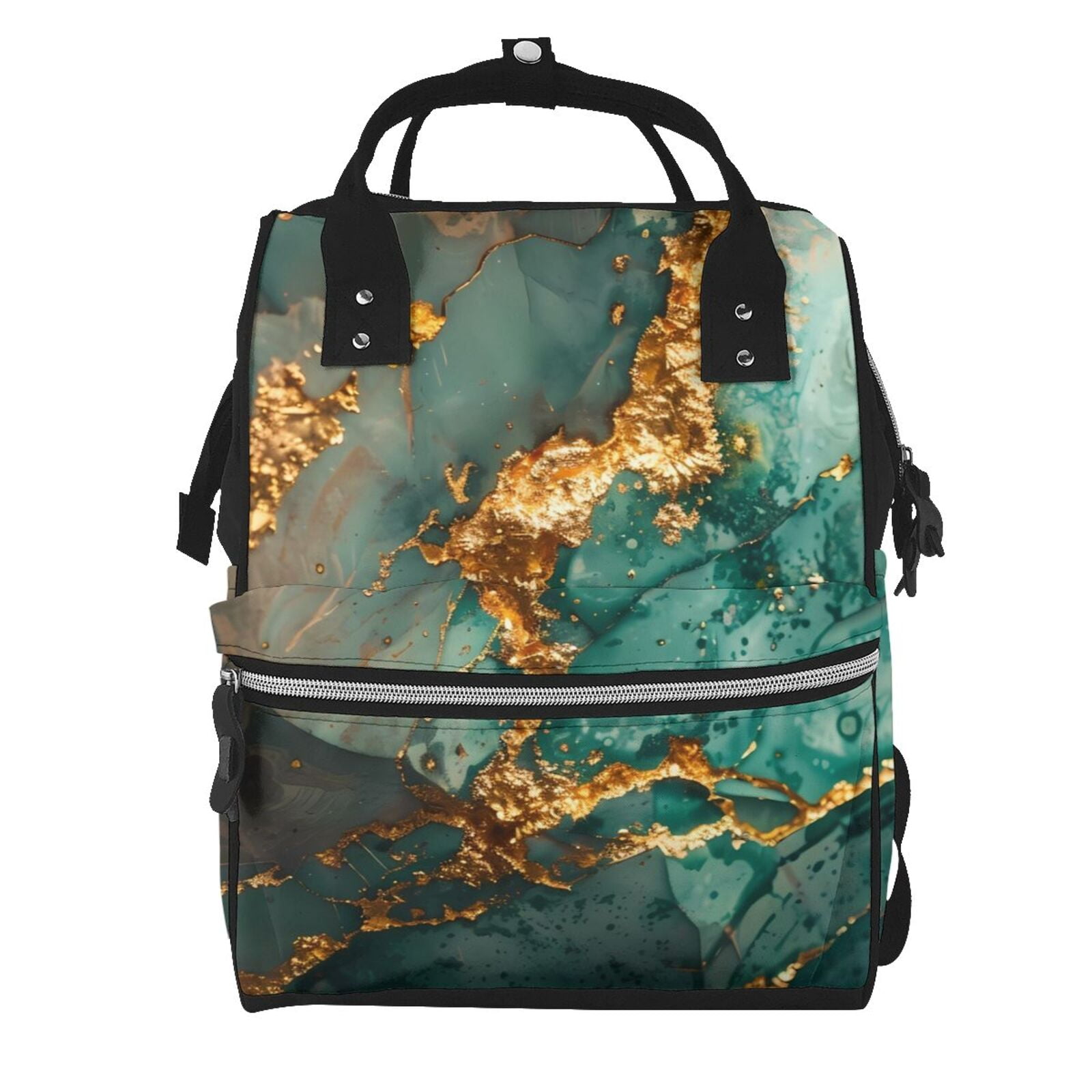 Ratiio Emerald Color Gold Marble Mummy Backpack - Waterproof Twill Canvas, Large Capacity Diaper Bag with Multiple Pockets and Adjustable Straps