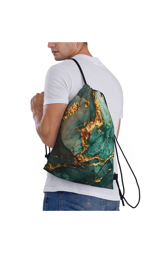 Emerald Color Gold Marble Print Drawstring Backpack Bag Sport Gym Sackpack Heavy Duty String Backpack for Men Women