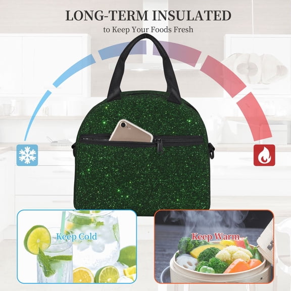 Ratiio Emerald Green Sparkling Pattern Lunch Bag ,Insulated Lunch Box, Small Leakproof Cooler Food Lunch Containers Reusable High Capacity Lunch Tote Bags