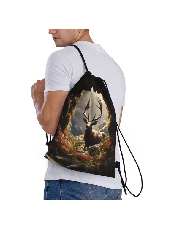 Enchanted Deer In Cave Print Drawstring Backpack Bag Sport Gym Sackpack Heavy Duty String Backpack for Men Women