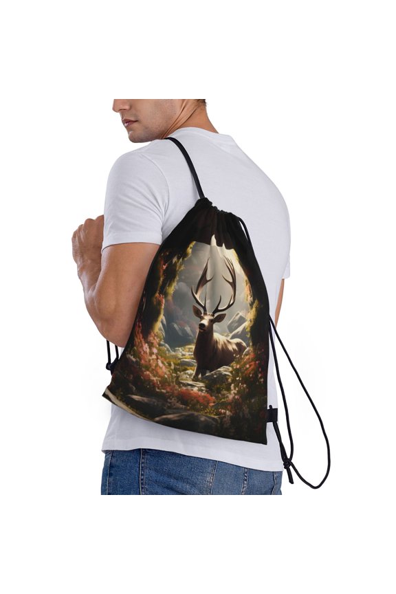 Enchanted Deer In Cave Print Drawstring Backpack Bag Sport Gym Sackpack Heavy Duty String Backpack for Men Women