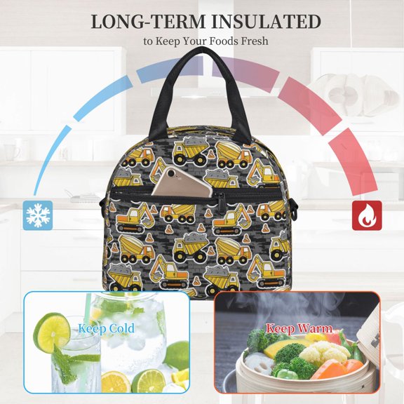Ratiio Excavator At Work Pattern Lunch Bag ,Insulated Lunch Box, Small Leakproof Cooler Food Lunch Containers Reusable High Capacity Lunch Tote Bags