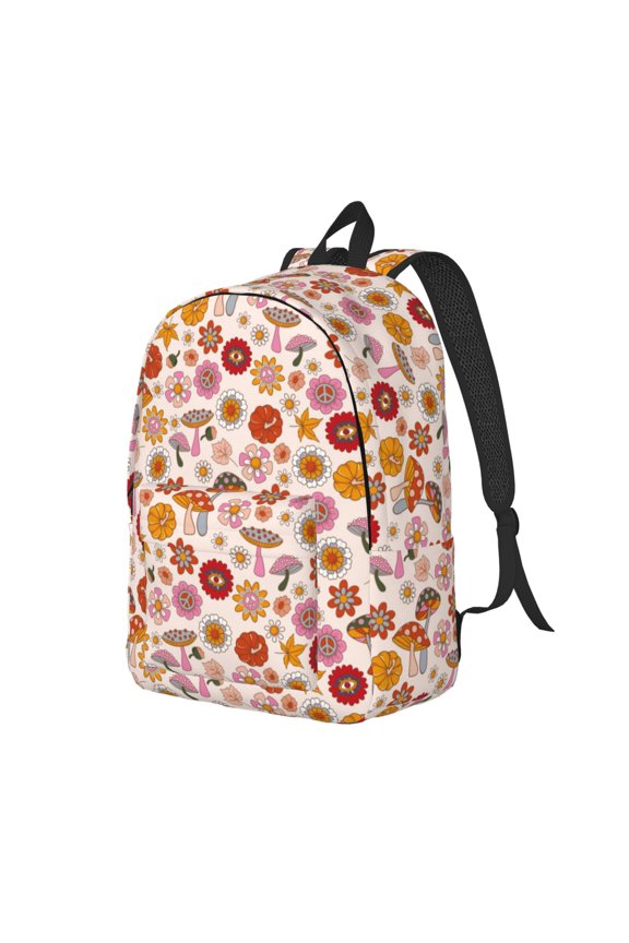 Fall 70s Groovy Hippie Print Canvas Backpack for Women & Men Retro Aesthetic Rucksack Basic Backpack for High School/College Students Travel Laptop Bag