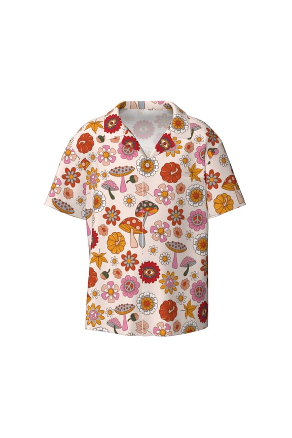 Fall 70s Groovy Hippie Print Mens Casual Short Sleeve Shirts Button Down Textured Shirts Summer Beach Shirt with Pocket Men's Casual Short-sleeved Shirt