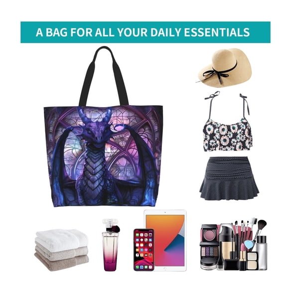 Ratiio Fantasy Dragon In Cathedral Print Reusable Grocery Bags - Washable, Foldable, Packable Tote, Large Handles, Heavy Duty, Zippered Top Pouch