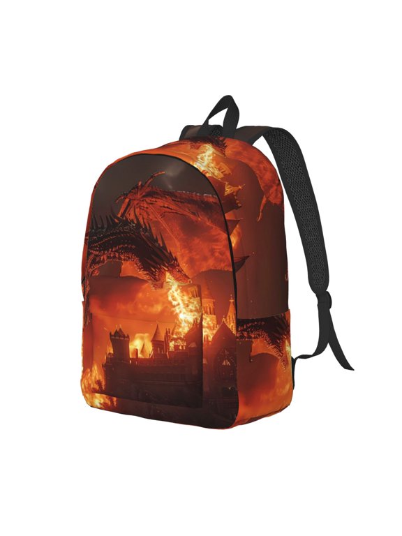 Fiery Dragons Castle Attack Print Canvas Backpack for Women & Men Retro Aesthetic Rucksack Basic Backpack for High School/College Students Travel Laptop Bag