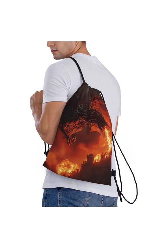 Fiery Dragons Castle Attack Print Drawstring Backpack Bag Sport Gym Sackpack Heavy Duty String Backpack for Men Women