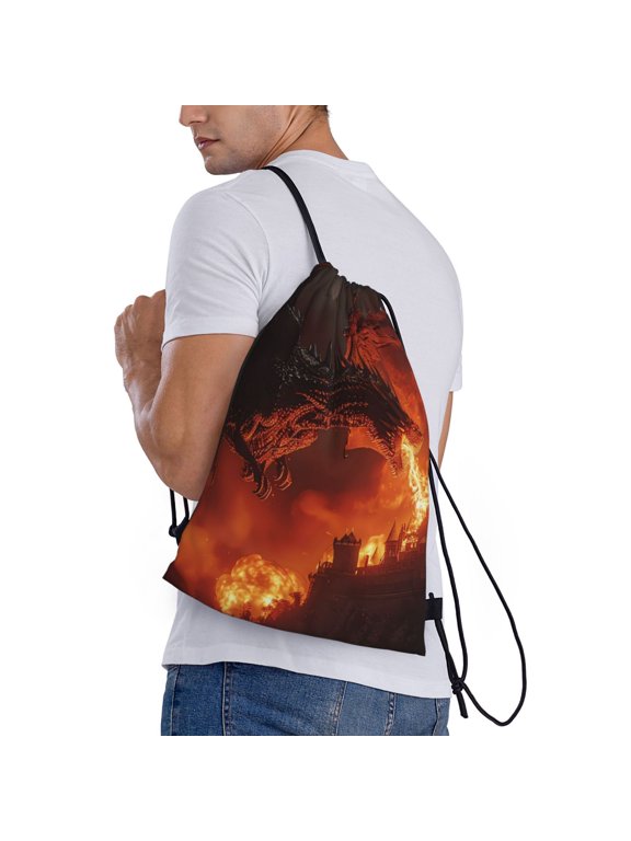 Fiery Dragons Castle Attack Print Drawstring Backpack Bag Sport Gym Sackpack Heavy Duty String Backpack for Men Women