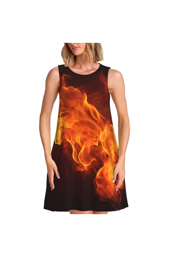Fiery Orange Flames Energy Pattern Women's Sleeveless Dress - Casual Summer Dress with Pockets, Above Knee Length, Round Neck, Ideal for Beach, Vacation, Work