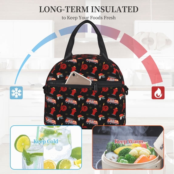 Ratiio Fire Fighting Pattern Lunch Bag ,Insulated Lunch Box, Small Leakproof Cooler Food Lunch Containers Reusable High Capacity Lunch Tote Bags