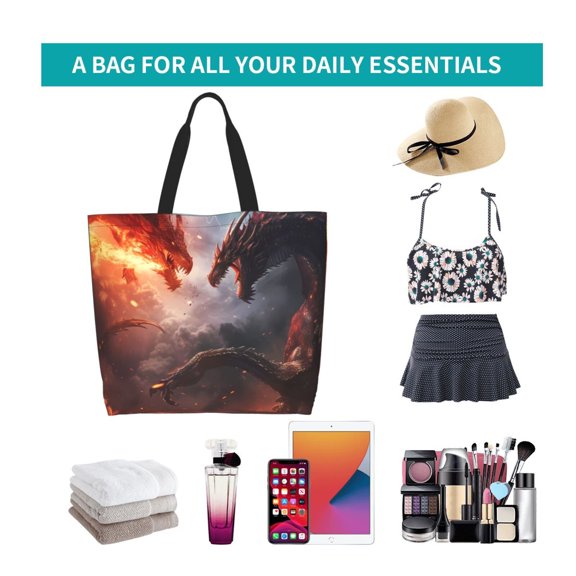 Ratiio Fire Sky Dragon Print Reusable Grocery Bags - Washable, Foldable, Packable Tote, Large Handles, Heavy Duty, Zippered Top Pouch