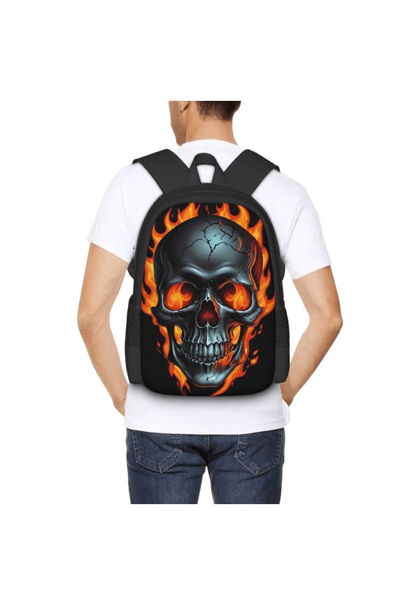 Flame Metal Skull Backpack for Men and Women - Durable 600D Oxford Cloth -Large Capacity, Water-Resistant School, Travel, and Hiking Bag