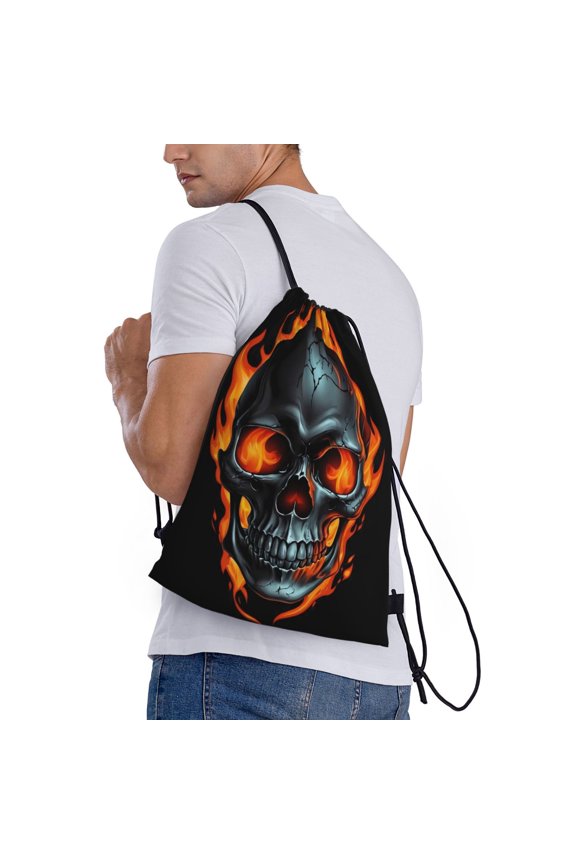 Flame Metal Skull Print Drawstring Backpack Bag Sport Gym Sackpack Heavy Duty String Backpack for Men Women
