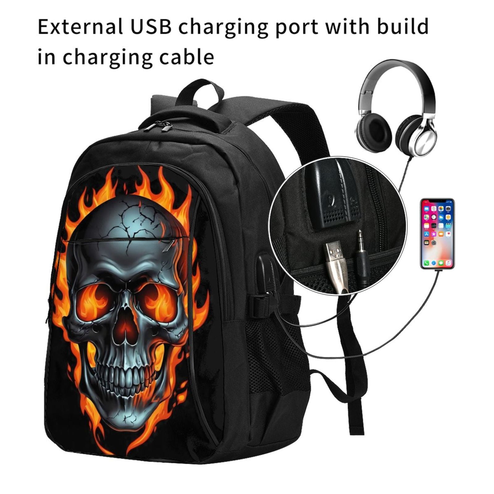 Ratiio Flame Metal Skull Print Travel Laptop Backpack,Slim Sturdy ...