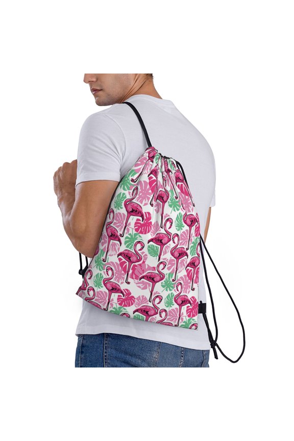 Flamingo Print Drawstring Backpack Bag Sport Gym Sackpack Heavy Duty String Backpack for Men Women